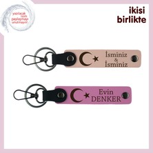 Miaju Isim Eklenebilir Şık Hediye – Ay Yıldız Motifli Kişisel Isimli Anahtarlık Takımı, Yavru Ağzı-Pembe