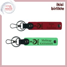 Miaju Ayyıldız Kurt Göktürk  Deri Anahtarlık Takımı, Kişiye Isme Özel 2’li Hediyelik Set, Kırmızı-Yeşil