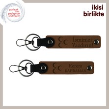 Miaju Üç Hilal Desenli Arkadaş Hediyesi, Isme Özel Yazılı Kişisel 2’li Anahtarlık, Açık Kahve-Kahve