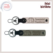 Miaju Isim Eklenebilir Deri Anahtarlık, Karavan Motifli Kişiye Özel Hediyelik Set, Pudra-Kül Gri