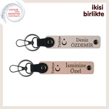 Miaju Evlilik Yıldönümüne Ayyıldız ve Türkiye Temalı Isme Özel Anahtarlık Seti, Pudra-Yavru Ağzı