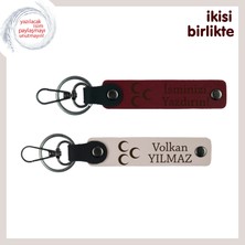 Miaju Askerlik Hatırası Özel Hediye – Üç Hilal, Kişiye Özel Deri Anahtarlık 2'li, Bordo-Pudra