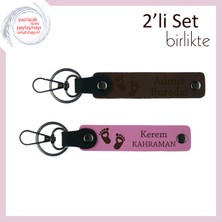 Miaju Yeni Doğmuş Bebeğe Alınacak Duygusal Hediyelik, Kalpli Ayak Figürlü Deri Set, Koyu Kahve-Pembe