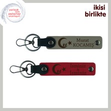 Miaju Kardeşe Askerlik Anısı, Çocuk ve Ayyıldız Desenli Isimli Deri Anahtarlık Takımı, Kül Gri-Kırmızı