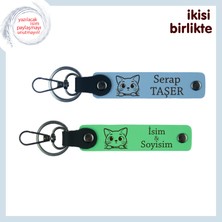 Miaju Kediyle Geçen 10 Yılı Simgeler, Kişisel Isim Yazılı Deri Anahtarlık 2’li Set, Gök Mavi-Fıstık Yeşil