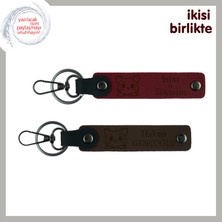 Miaju Kayıp Kedine Özel Hatıra, Kişisel Patili Deri Anahtarlık 2’li Set, Isminize Özel, Bordo-Koyu Kahve