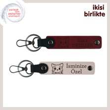 Miaju Kedi Ismiyle Özelleştirilebilen Tasarım, Deri Anahtarlık 2’li Hediyelik, Bordo-Pudra