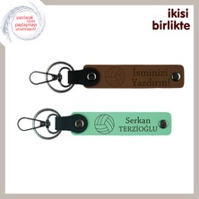 Miaju Voleybol Topu Motifli Kişisel Deri Anahtarlık Takımı, Iki Kişilik Hatıra, Açık Kahve-Açık Yeşil