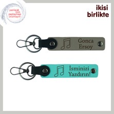 Miaju Sevgiliye Ezgisel Dokunuş, Isimli Nota Motifli Kişiselleştirilebilir Anahtarlık Takımı, Gri-Turkuaz