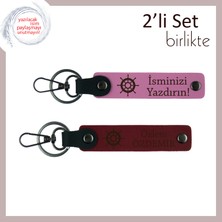Miaju Gemi Dümeni Temalı Deri Anahtarlık Seti, Sevgiliye Özel Hediye, Kişiselleştirilebilir, Pembe-Bordo