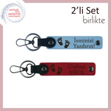 Miaju Anne ve Baba Için Ortak Kullanıma Uygun, Kalpli Bebek Ayağı Figürlü Isimli Set, Gök Mavi-Kırmızı
