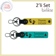 Miaju Baba Olmuş Eşe Kalıcı Hatıra, Isim Yazılabilen Kişisel Anahtarlık, Kalp Figürlü, Sarı-Koyu Turkuaz