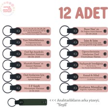 Miaju Ana Okulu Mezuniyet Anı Hediyesi, 12'li Set, Öğrenci Isimleri Yazılı Deri Anahtarlık, Pudra & Yeşil