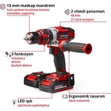 Einhell Akülü Darbeli Vidalama TE-CD 18/48 Li-i Kit Power X-Change (18 V, 48 Nm, darbeli delme fonksiyonu, 13 mm mandren, 2 vites, çanta, 2x 2,0 Ah akü + şarj cihazı dahildir) - 4513935
