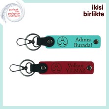 Miaju Ayyıldız Gibi Parlayan Aşkınız Için, Kişisel Yazılı, Sevgiliye Deri Anahtarlık, Turkuaz-Kırmızı