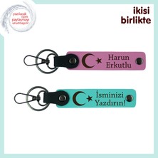 Miaju Kalpten Kalbe Giden Vatanlı Hediye – Sevgiliye Ay Yıldızlı Deri Anahtarlık 2'li Set, Pembe-Turkuaz