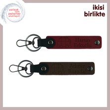 Miaju Karavan Figürlü Deri Anahtarlık, Kişiye Özel Tasarımlı 2’li Hediye Seti, Isim Yazılı, Bordo-K Kahve