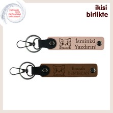 Miaju Sevgililer Günü Için Kedi Temalı Özel Hediye, Isimli Deri Anahtarlık Seti, Yavru Ağzı-Açık Kahve