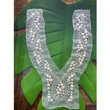Beyaz Boncuk Taş Işleme Yaka Dikiş Giyim Aksesuarı Aplike 33X10 cm