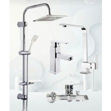 Krom Dubai Duş Seti , Lüx Kare Eviye , Sabit Lavabo , Banyo Bataryası 4’lü Set
