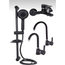 Kca Siyah Krom Sürgülü Duş, Mutfak, Banyo, Lavabo 4’lü Set