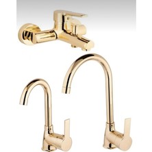 Kca Gold Altın Mutfak Eviye, Lavabo ve Banyo Bataryası Musluğu Çeşmesi Çift Su Girişli 3’lü Set