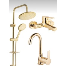Kca Altın Gold Yuvarlak Robot Duş Seti, Banyo ve Lavabo Bataryası Musluğu Çeşmesi 3’lü Set