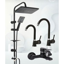 Siyah Robot Tepe Yağmurlama Delta Banyo - Mutfak - Lavabo Bataryası Musluğu Çeşmesi 4’lü Set