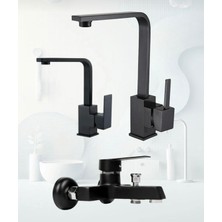 Lüx Siyah Kare Mutfak Eviye , Lavabo , Banyo Bataryası 3’lü Set