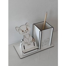 Ahşap Kedi Motifli Kişiselleştirilebilir Telefon Tutucu ve Kalemlik