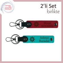 Kişiye Özel Gemi Dümeni Desenli Anahtarlık, Sevdiklerinize Hediye, Kırmızı-Koyu Turkuaz