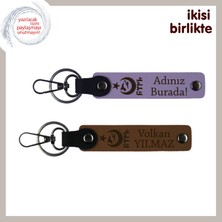 Kişiselleştirilebilen Ayyıldız Kurt Göktürk Deri Anahtarlık – Temalı Özel Armağan, Mor Menekşe-Kahve