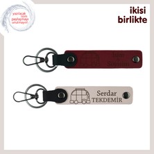 Karavanla Her Yere Götürülecek Hatıra, Isimli Deri Anahtarlık 2’li Set, Isim Yazılı, Bordo-Pudra
