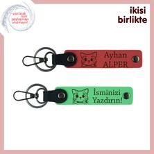 Kedisever Arkadaşa Doğum Günü Hediyesi, Patili Deri Anahtarlık Seti, Isim Yazılı, Nar Çiçeği-F Yeşil