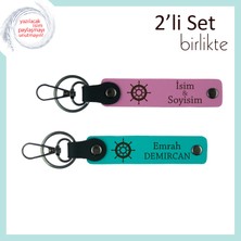 Miaju Gemi Temalı Isim Yazılabilir Deri Anahtarlık, Sevgiliye Hediyelik Set, Pembe-Koyu Turkuaz