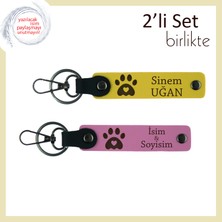 Miaju Sadık Dostların Anısını Taşıyan Deri Tasarım, Kalpli Pati Desenli Anahtarlık Seti, Sarı-Pembe