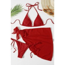 Angelsin Pareolu Bağlamalı 3'lü Bikini Takım Set (Çıkartılabilir Kaplı)