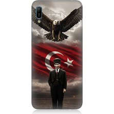 Teknomeg Huawei Y6 2019 Uyumlu Bayrak ve Mustafa Kemal Atatürk  Desenli Silikon Kılıf