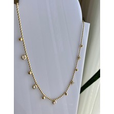 Yuvarlak Taşlı Çelik Gold Kolye