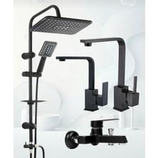 Siyah  Robot Duş Seti , Lux Kare Eviye , Lavabo , Banyo Bataryası 4’lü Set