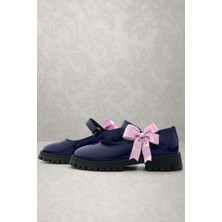 Rakerplus Lacivert Rugan Cırtlı Kalın Tabanlı Kurdeleli Kız Çocuk Okul Ayakkabısı