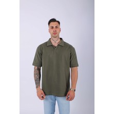 Unisex Polo Yaka Düz Haki Oversize T-Shirt