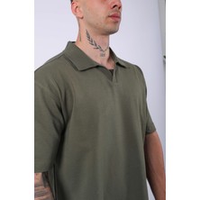 Unisex Polo Yaka Düz Haki Oversize T-Shirt