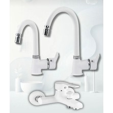 Beyaz Krom Delta Eviye Mutfak , Lavabo , Banyo Bataryası 3’lü Set