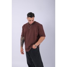 Unisex %100 Pamuk Oversize Düz T-Shirt Kahve