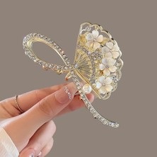 Altın Renk Çiçekli Fiyonk Tasarımlı Taşlı Mandal Saç Tokası Gelin Başı Toka Incili Takı SAT-104