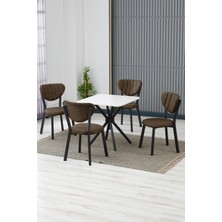 Elma Modeli Kare Mutfak Masa Sandalye Takımı, 4 Sandalye 1 Sabit Beyaz Masa  70X70 Cm, Keten Kumaş