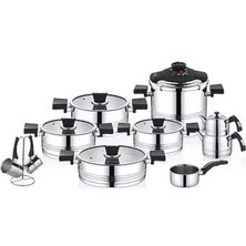 1138 - 18 Parça, Indüksiyonlu Ocak Uyumlu, Paslanmaz Çelik, Çeyiz Seti, Gümüş Gövde, Siyah Detay