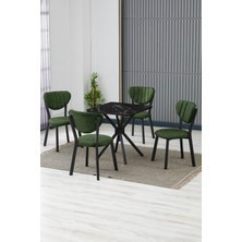 Elma Modeli Kare Mutfak Masa Sandalye Takımı 4 Sandalye 1 Siyah Mermer Desen Masa 70X70 Keten Kumaş