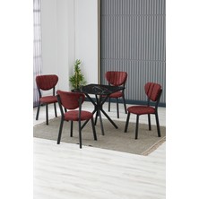 Elma Modeli Kare Mutfak Masa Sandalye Takımı 4 Sandalye 1 Siyah Mermer Desen Masa 70X70 Keten Kumaş